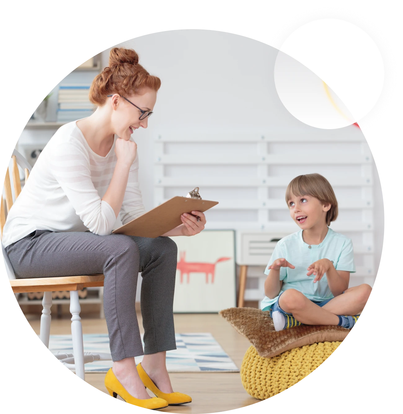 Woman holding clipboard listening to child